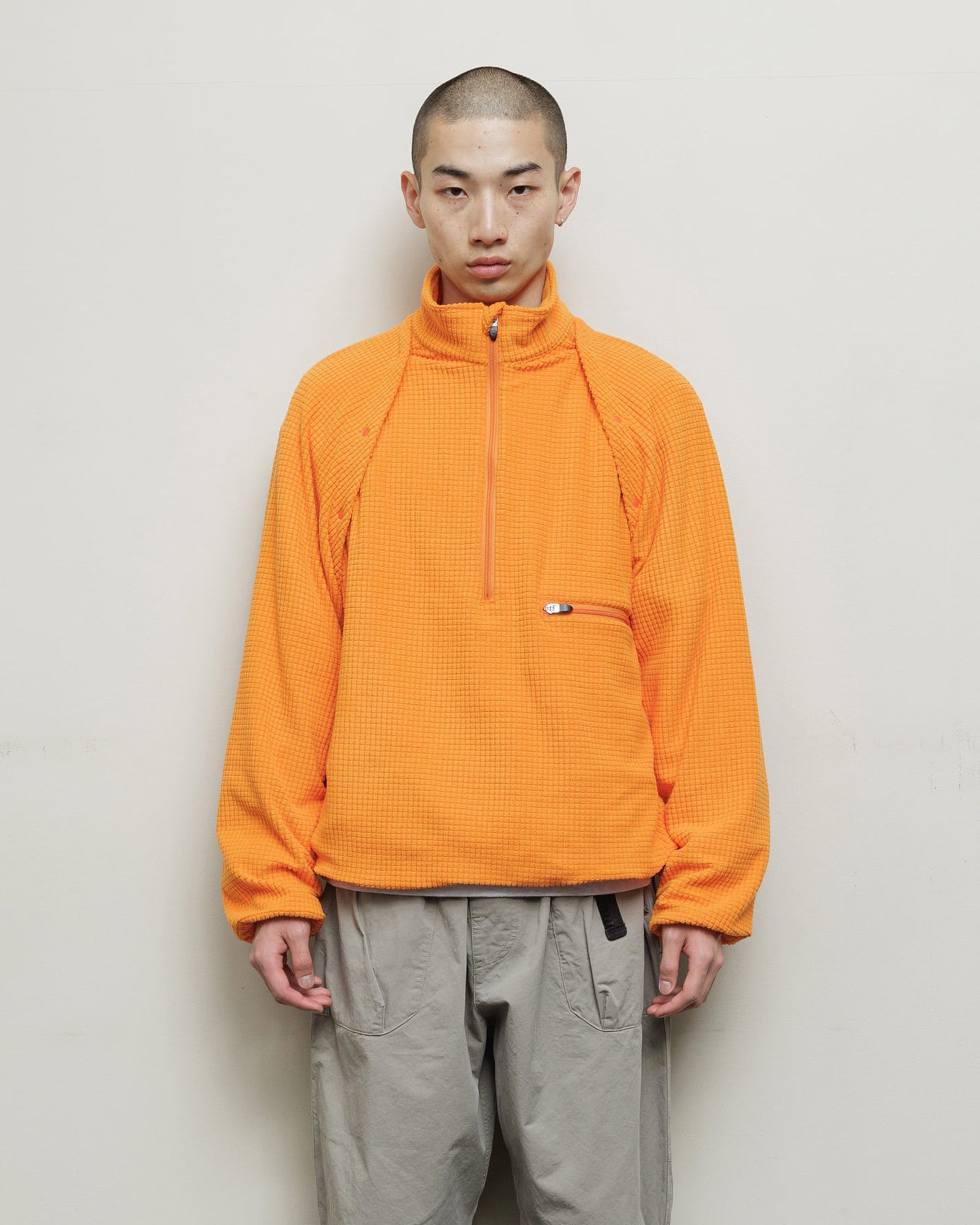 DETACHABLE SLEEVE GRID FLEECE PULL OVER (Orange)